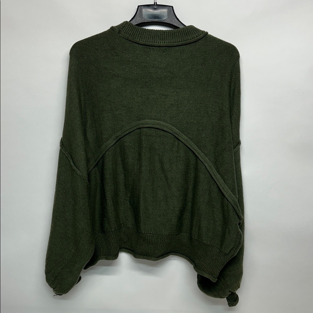 Olive Green Knit Sweater with Pocket POL SIZE small oversized 100% cotton - Picture 5 of 7